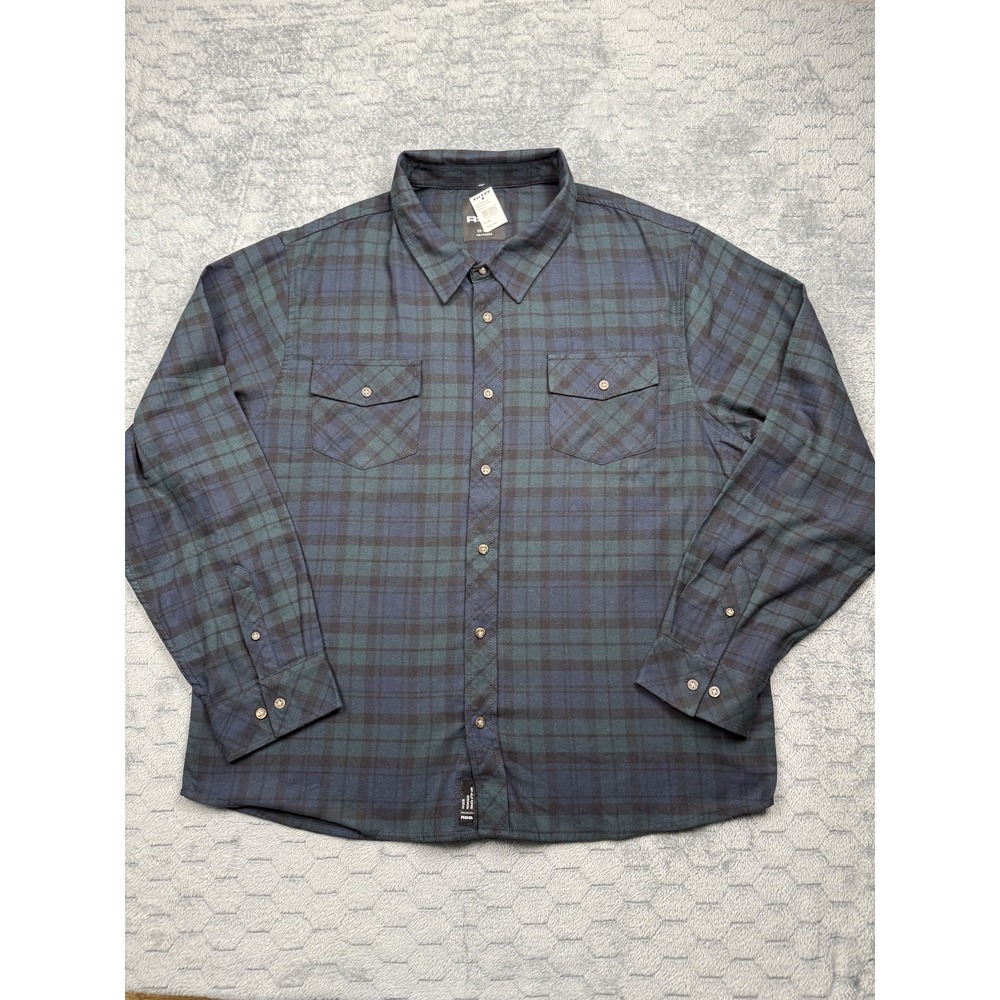 RSQ Shirt Mens 2XL Green Blue Plaid Flannel Long Sleeve Button‎ Up Casual New